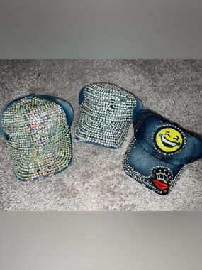 Embellished Rhinestone & Denim Caps - 3 Pack